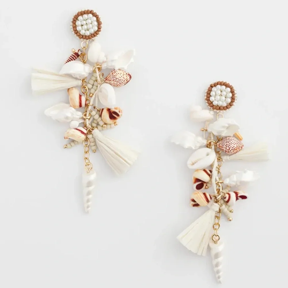 Chico’s No Droop Shell & Raffia Statement Earrings New